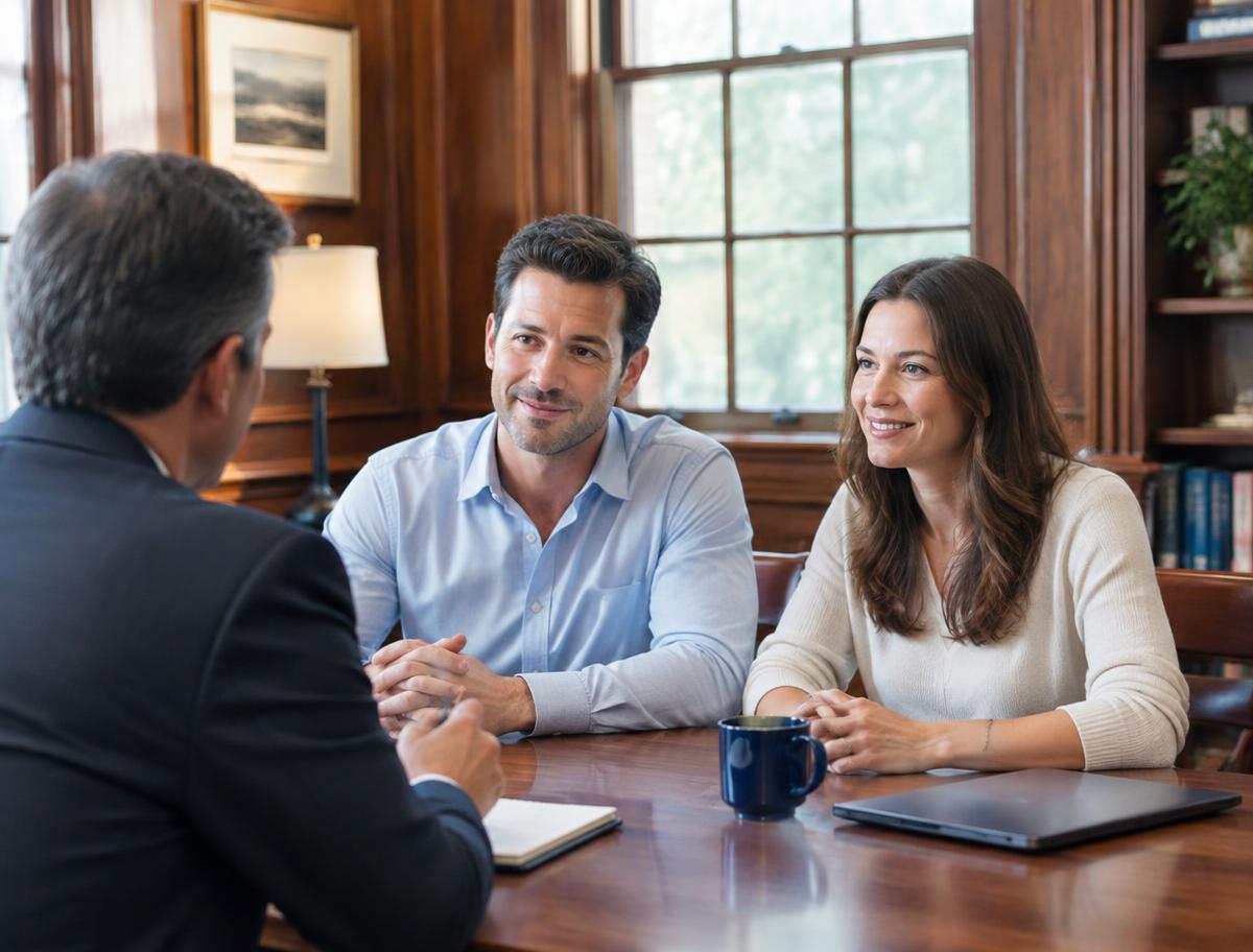An advisor meeting with a couple in a wood-paneled office